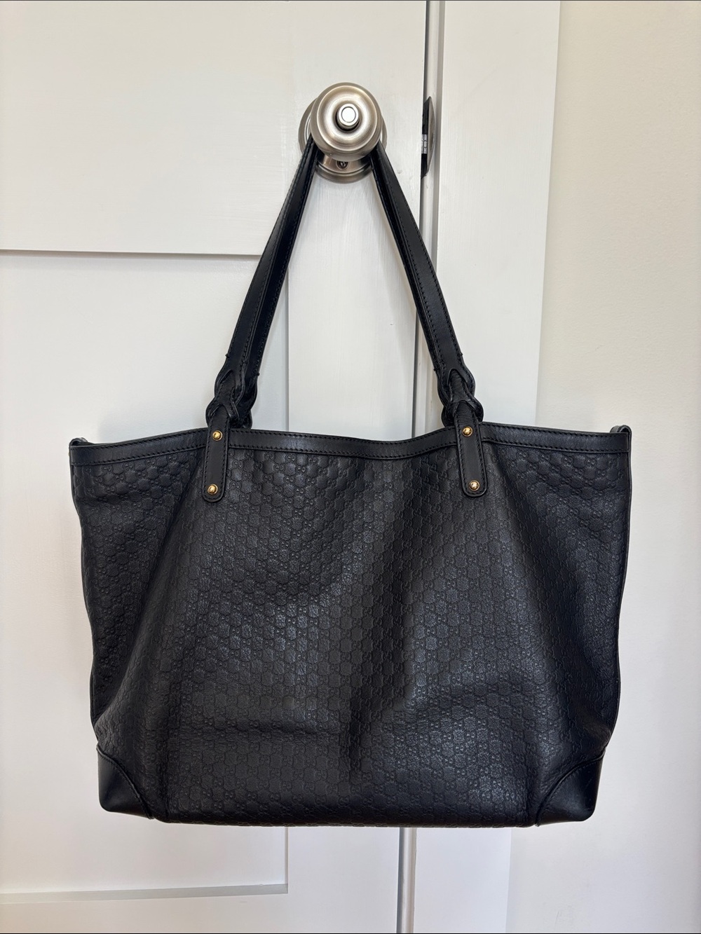 Gucci Black Embossed Leather Tote with Double Straps